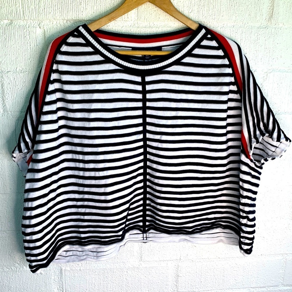 Tommy Hilfiger Black & White Striped Short Sleeve Sweater with Red Accents